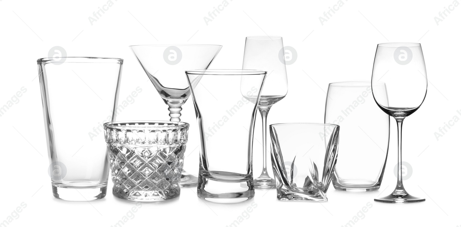 Image of Set of empty glasses on white background. Banner design