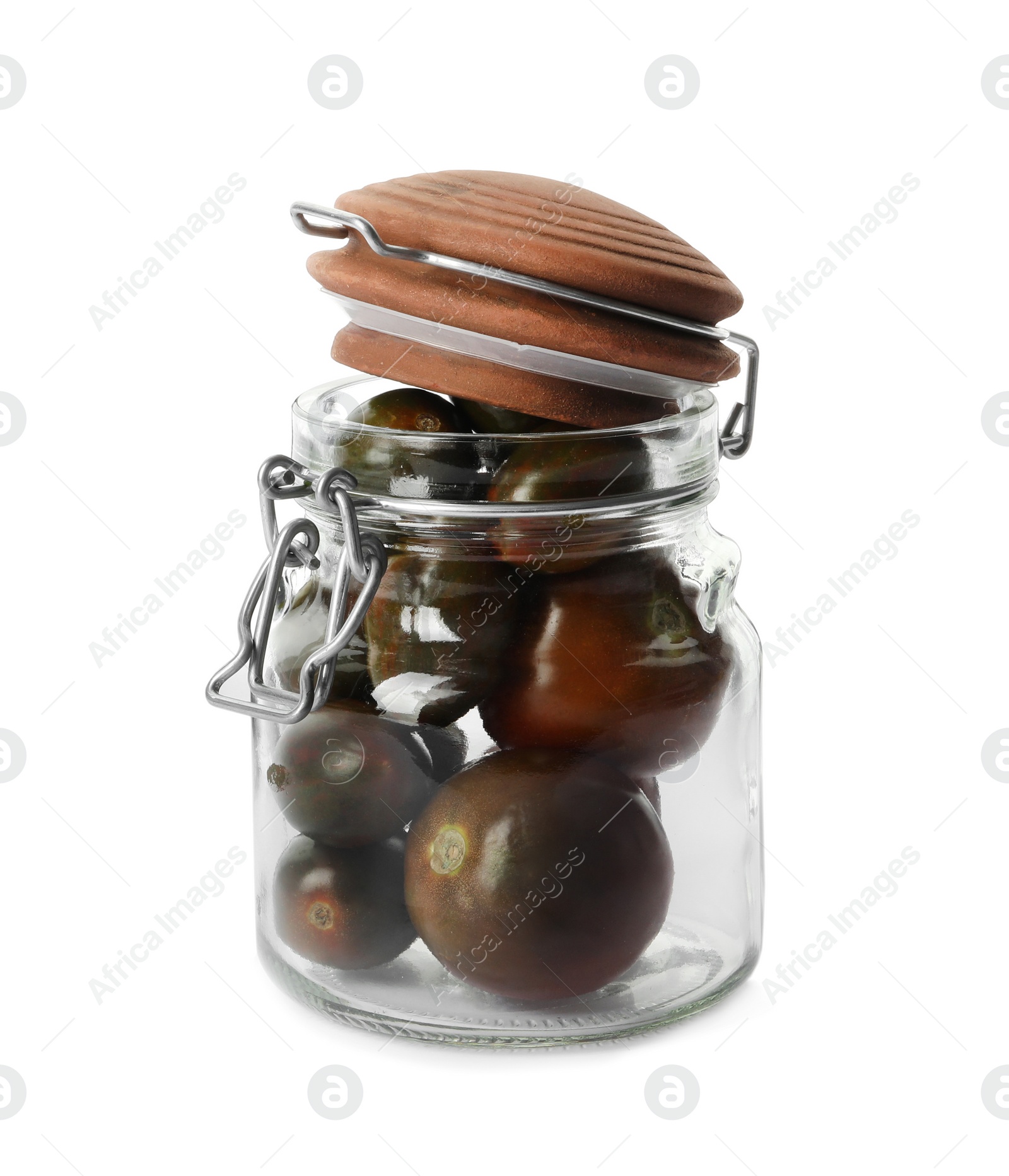 Photo of Pickling jar with fresh tomatoes on white background