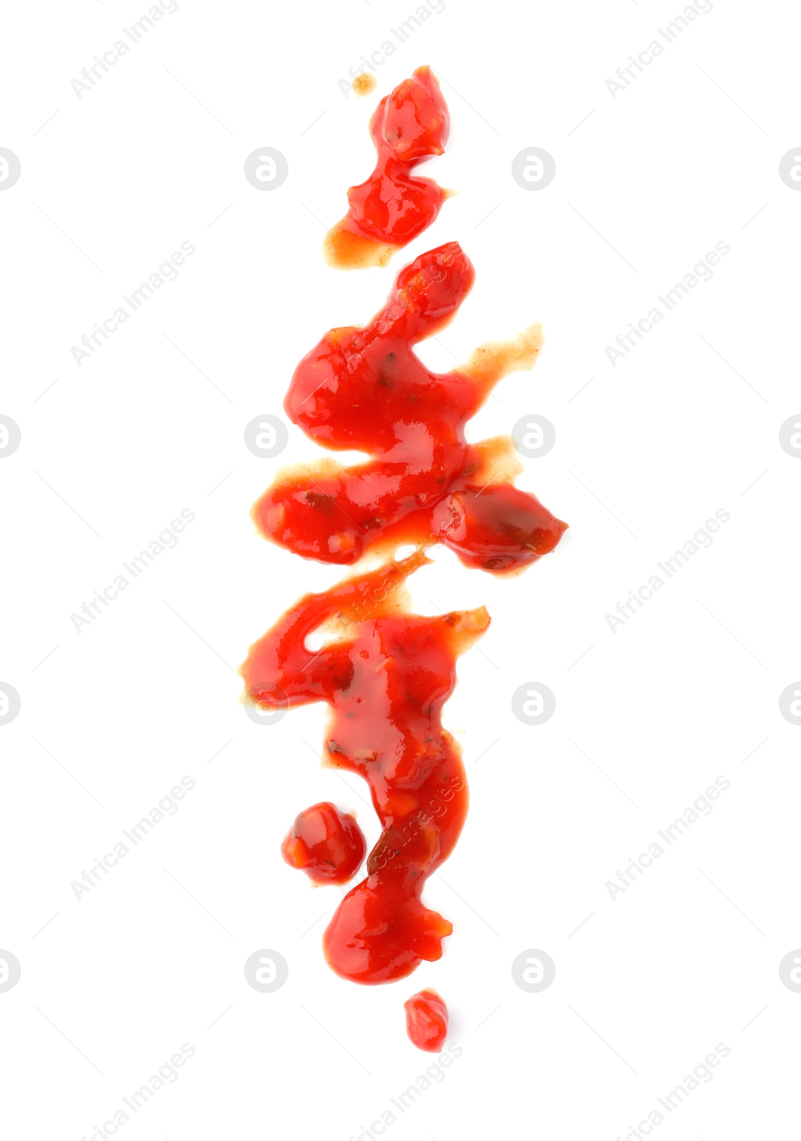 Photo of Tasty spicy chili sauce on white background, top view