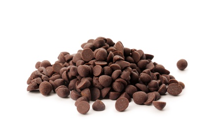 Photo of Pile of delicious dark chocolate chips on white background