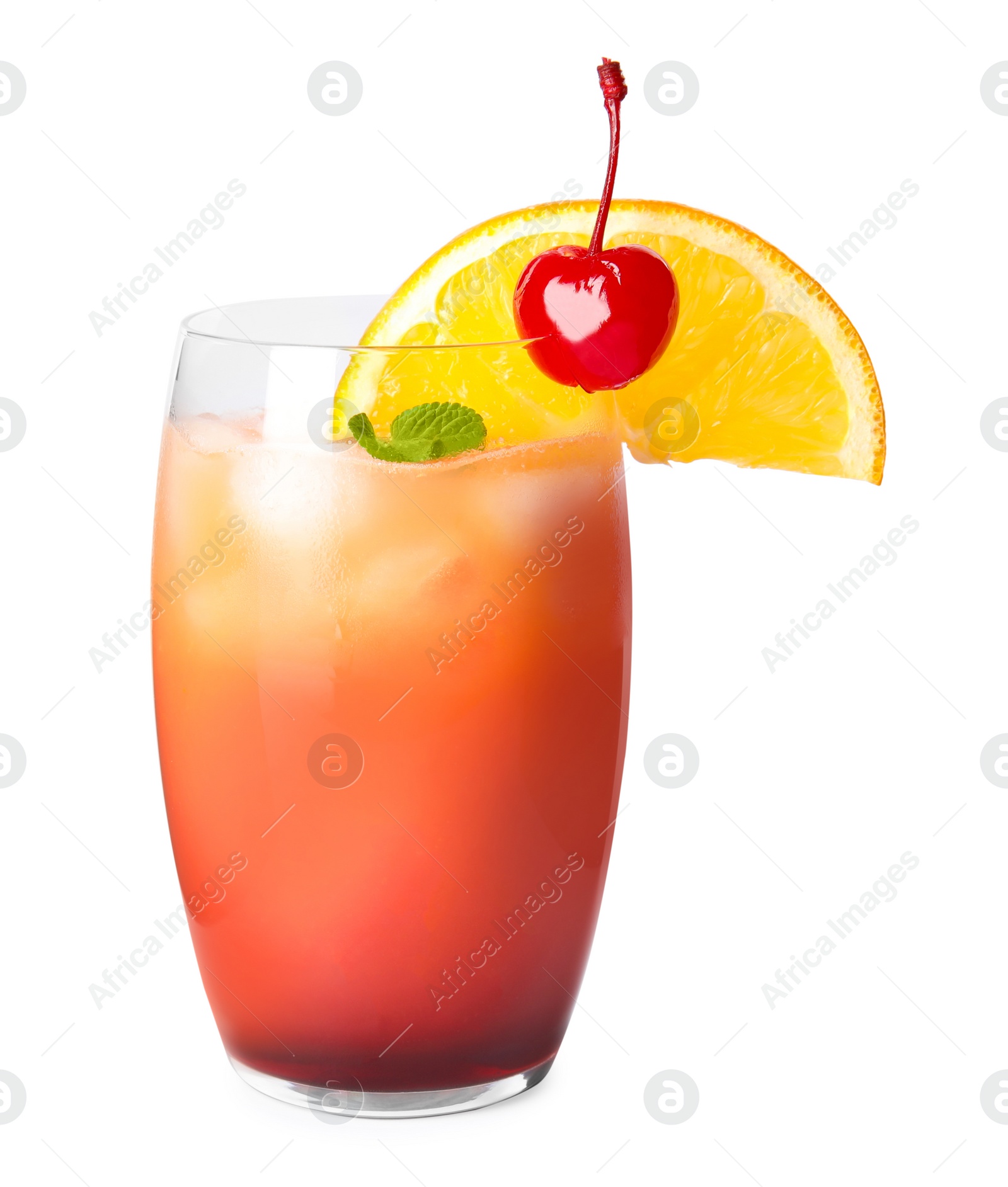 Photo of Fresh alcoholic Tequila Sunrise cocktail isolated on white