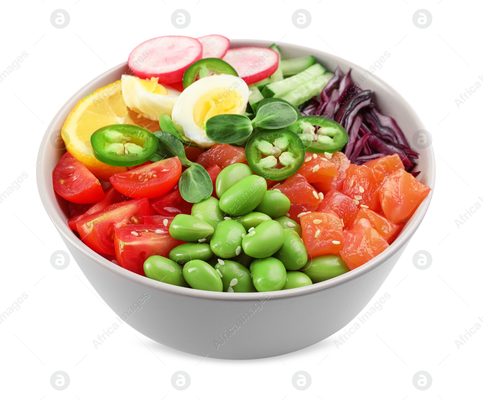 Photo of Poke bowl with salmon, edamame beans and vegetables isolated on white