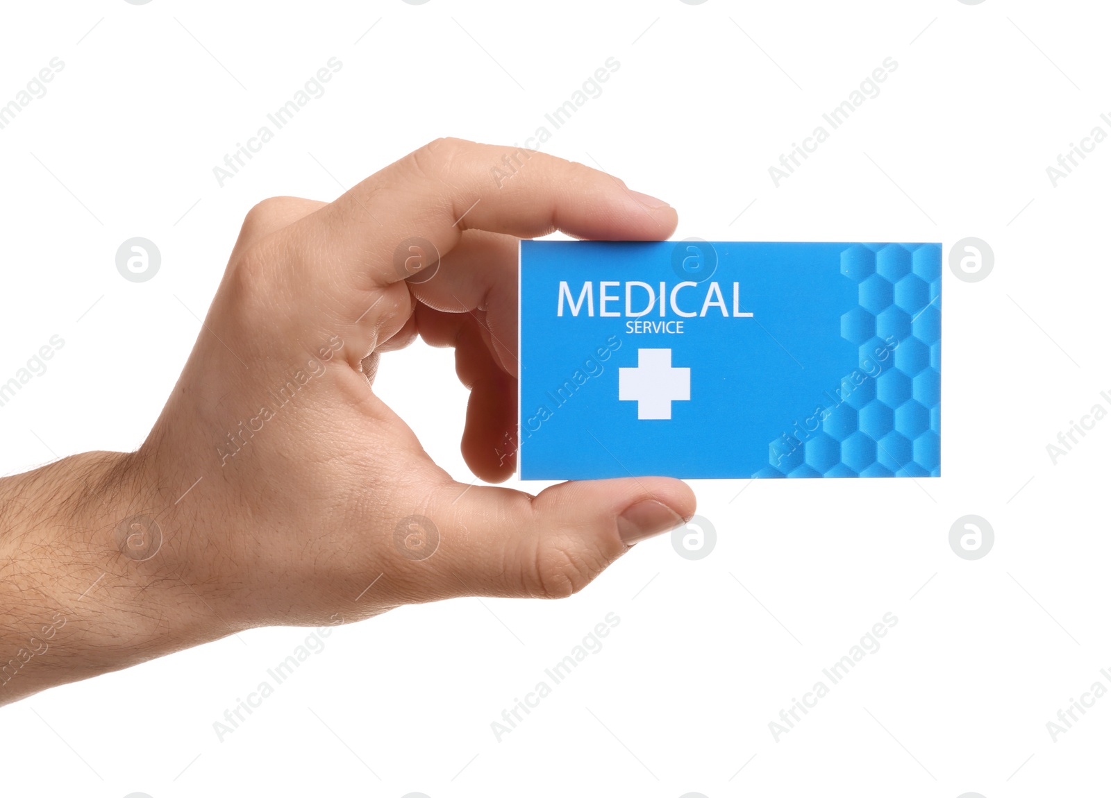 Photo of Man holding business card isolated on white, closeup. Medical service