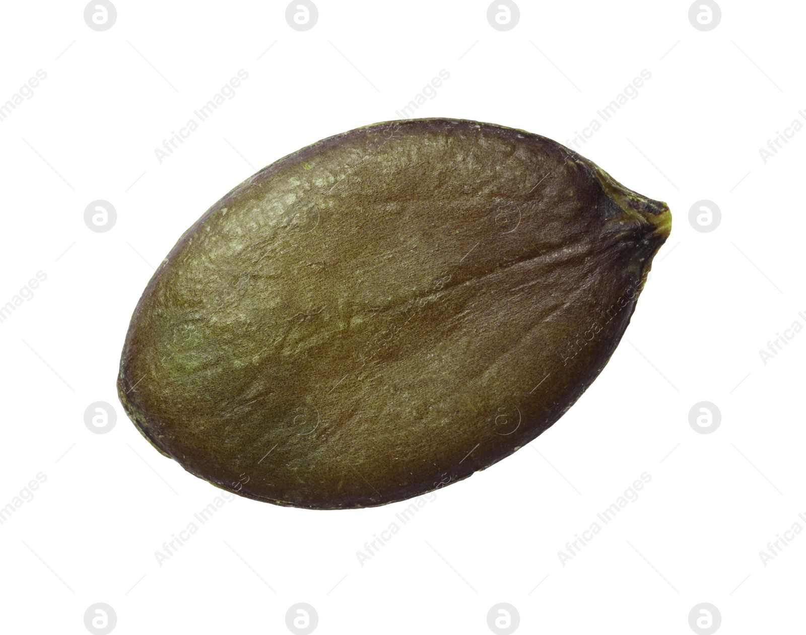 Photo of One peeled pumpkin seed isolated on white, top view