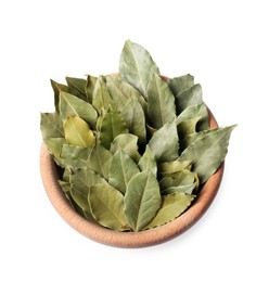 Photo of Aromatic bay leaves in wooden bowl on white background, top view
