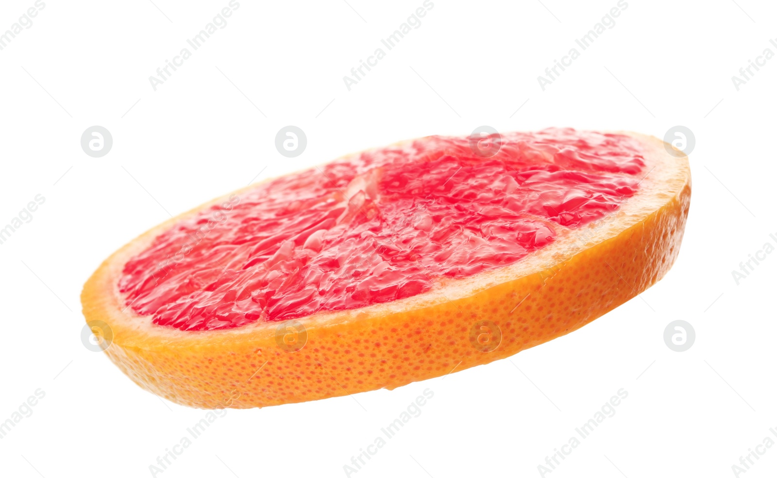 Photo of Slice of ripe juicy grapefruit on white background