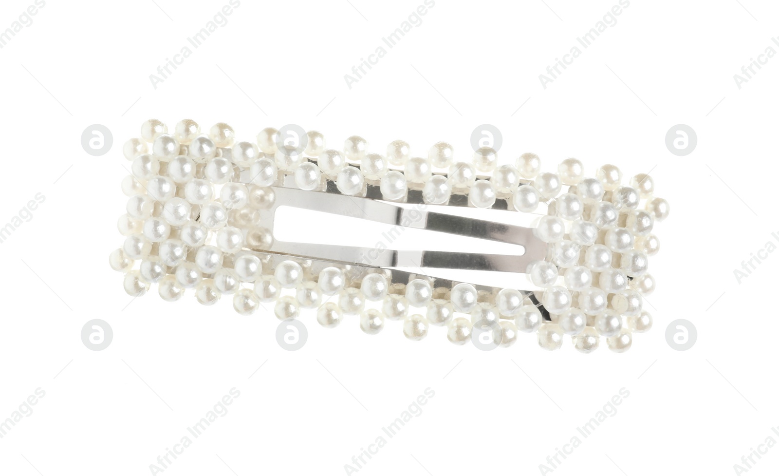 Photo of Stylish hair clip with pearls isolated on white, top view