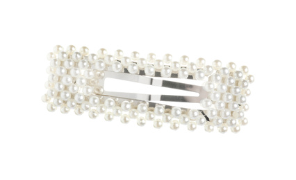 Stylish hair clip with pearls isolated on white, top view