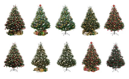 Image of Different beautifully decorated Christmas trees isolated on white, collection