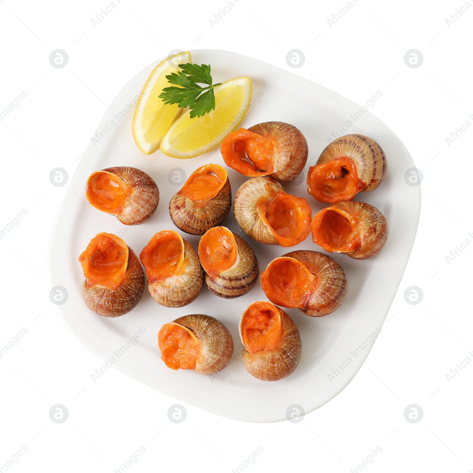 Photo of Delicious cooked snails with lemon and parsley isolated on white, top view