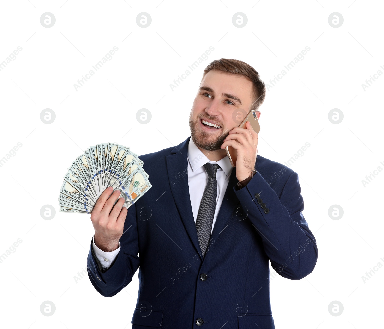 Photo of Portrait of young businessman with money and mobile phone on white background