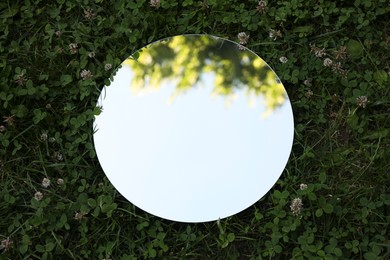 Photo of Round mirror among clovers reflecting tree and sky, above view