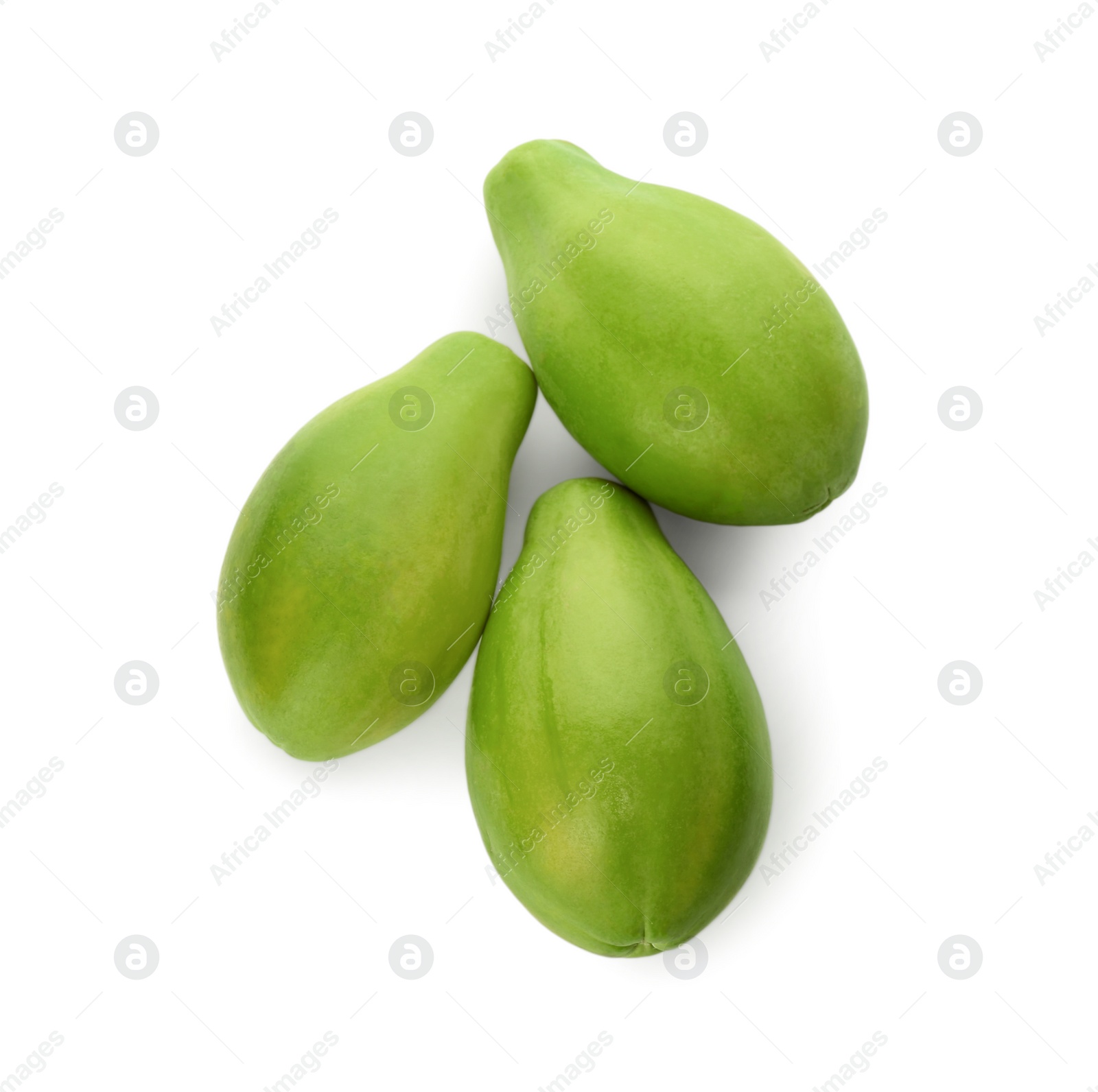 Photo of Fresh ripe papaya fruits on white background, top view