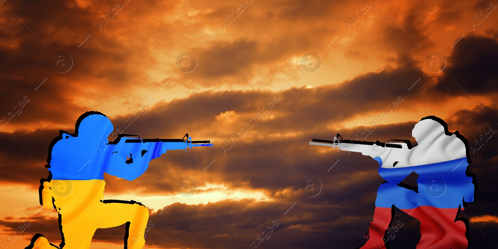 Image of Silhouettes of soldiers in colors of Ukrainian and Russian flags against cloudy sky at sunset