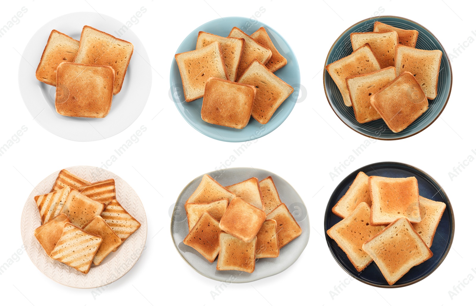 Image of Set with tasty toasted bread on white background, top view