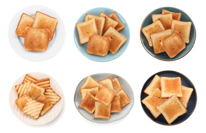 Image of Set with tasty toasted bread on white background, top view