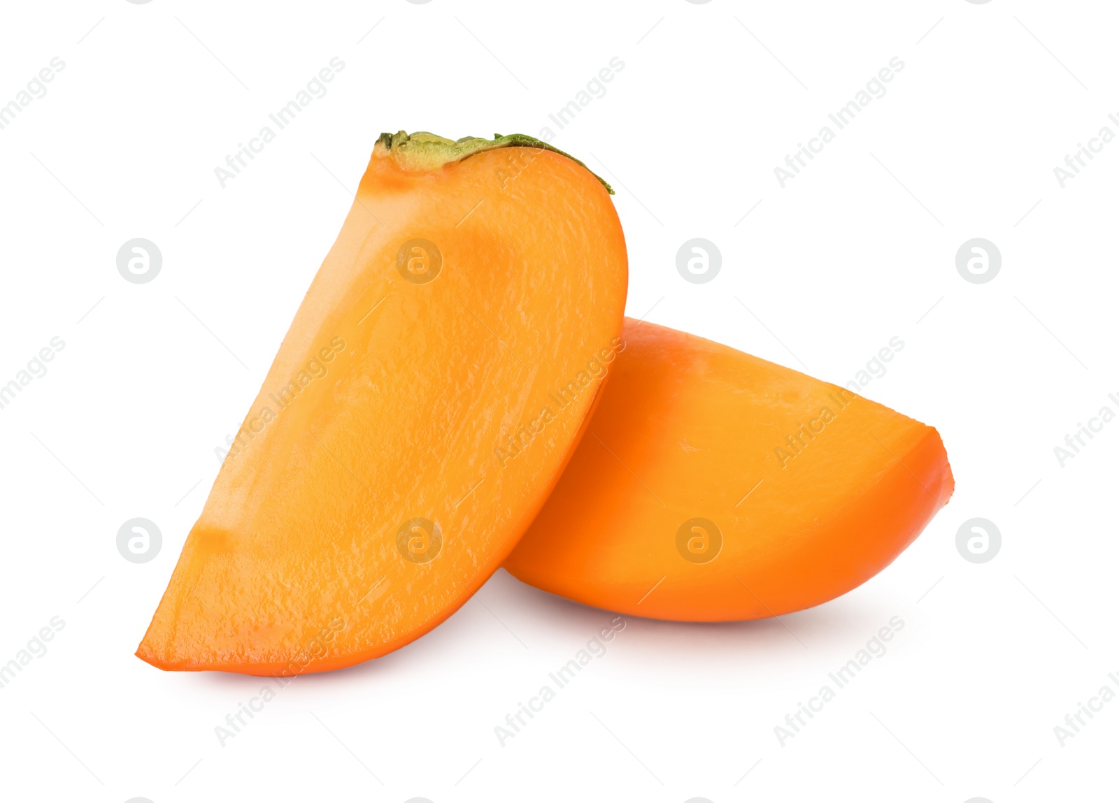 Photo of Pieces of delicious ripe juicy persimmons on white background