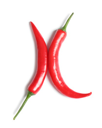 Red hot chili peppers on white background, top view