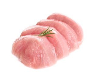 Cut raw turkey fillet with rosemary on white background