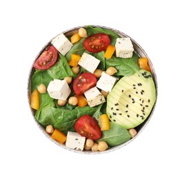 Bowl of tasty salad with tofu and vegetables isolated on white, top view