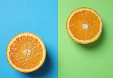 Fresh orange on color background, flat lay