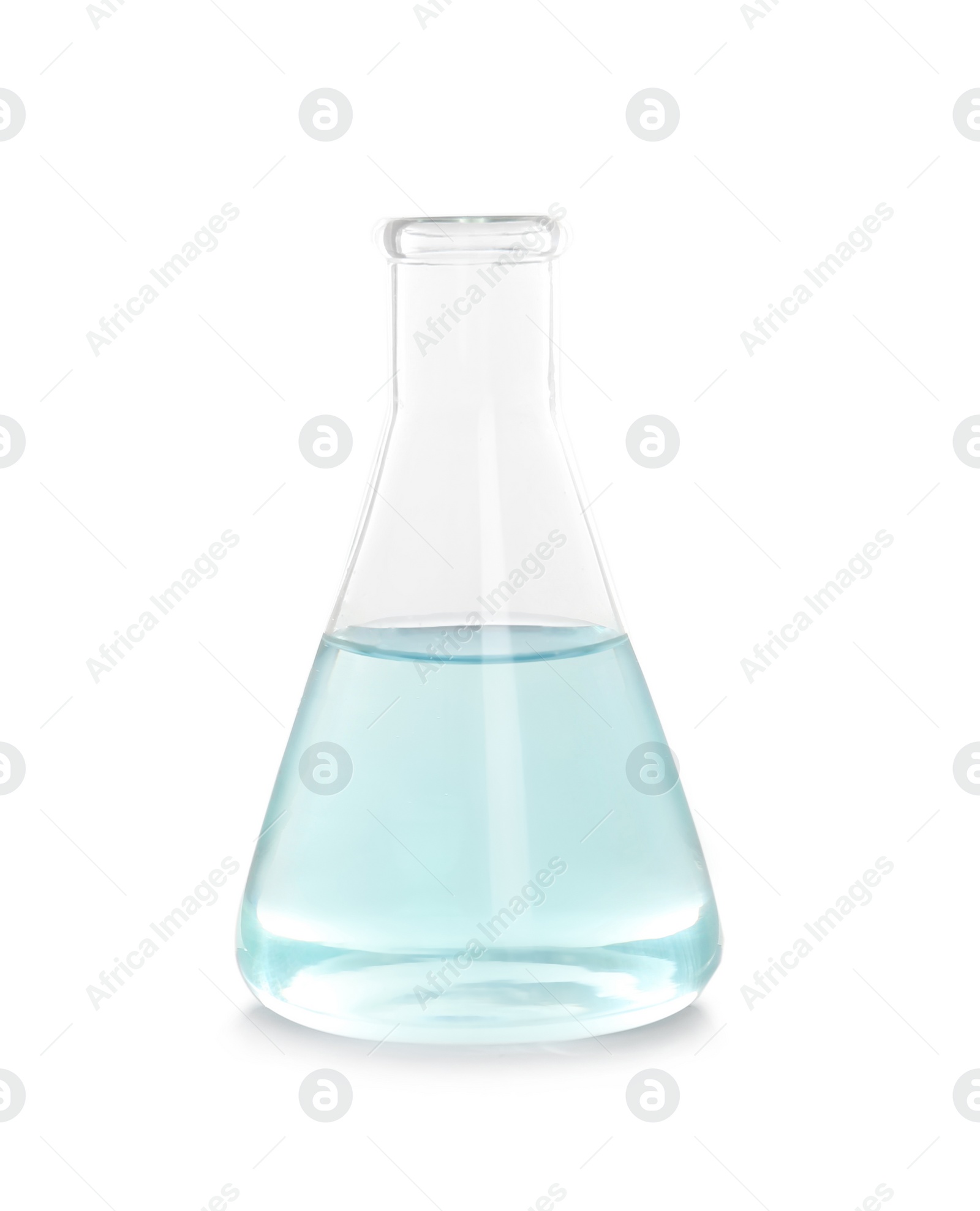 Photo of Conical flask with liquid on white background. Laboratory analysis