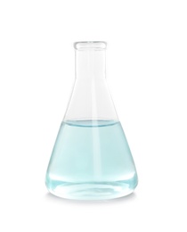 Photo of Conical flask with liquid on white background. Laboratory analysis