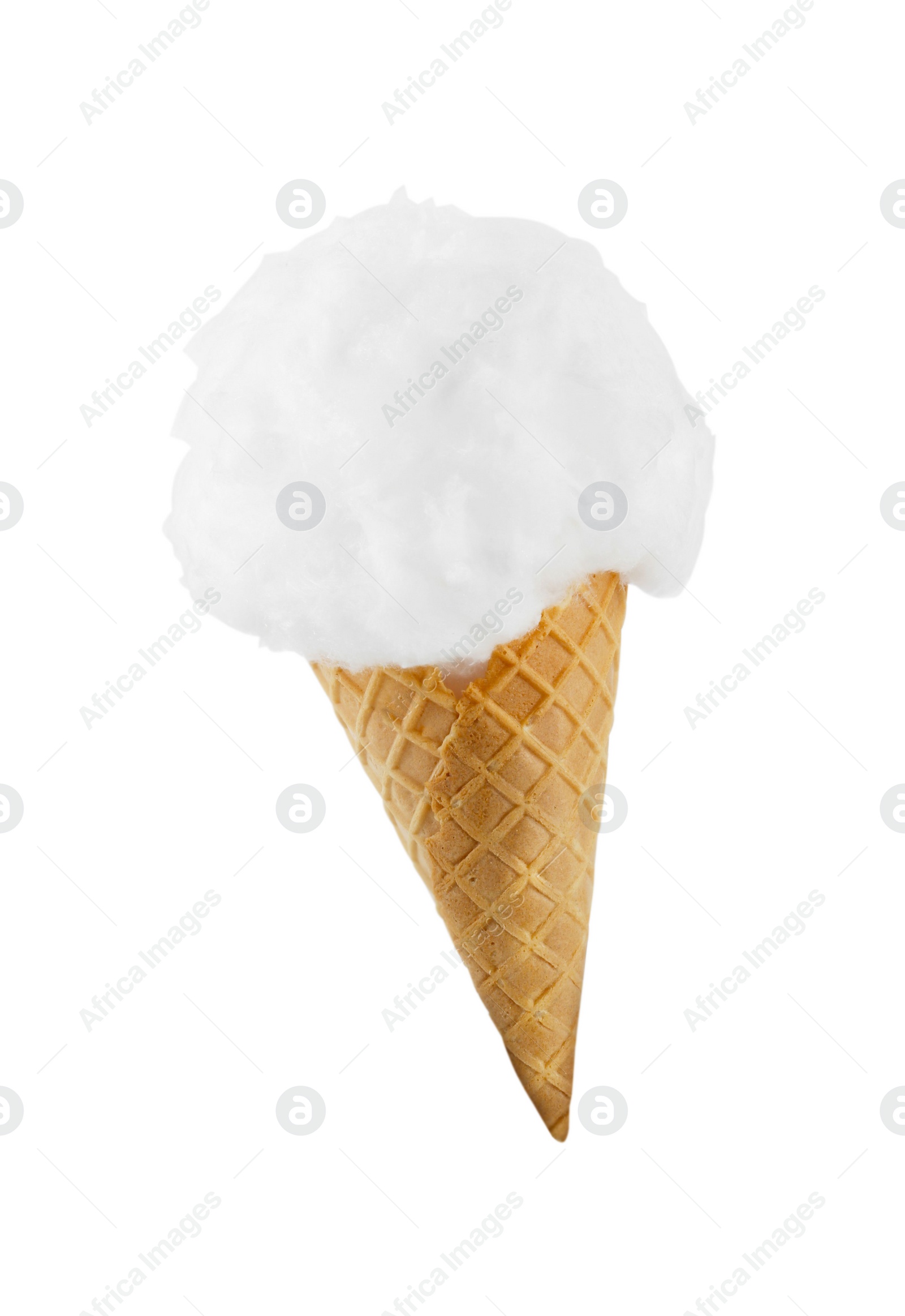 Photo of Sweet cotton candy in waffle cone isolated on white