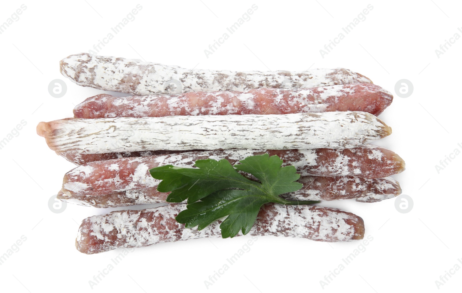 Photo of Tasty sausages on white background. Meat product