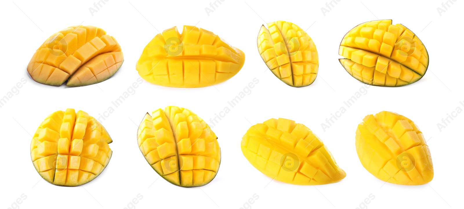 Image of Set of delicious mangoes on white background. Banner design