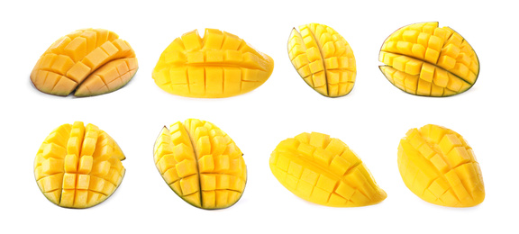 Image of Set of delicious mangoes on white background. Banner design