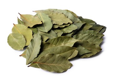 Photo of Pile of aromatic bay leaves on white background