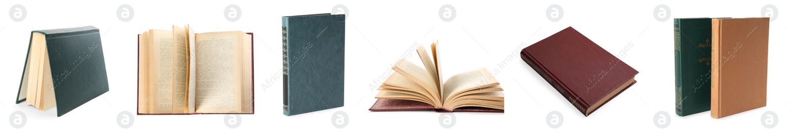 Image of Collection of different hardcover books on white background. Banner design