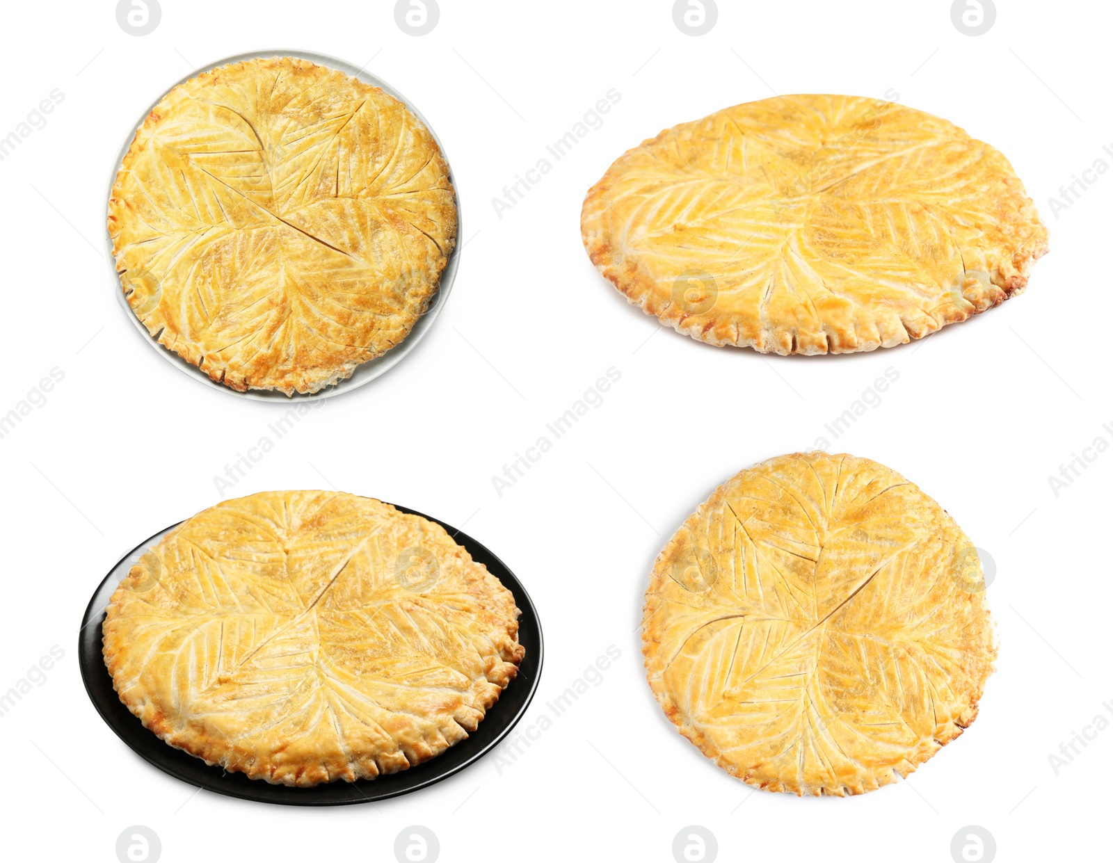 Image of Set of traditional delicious galettes des rois on white background