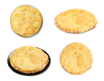 Set of traditional delicious galettes des rois on white background