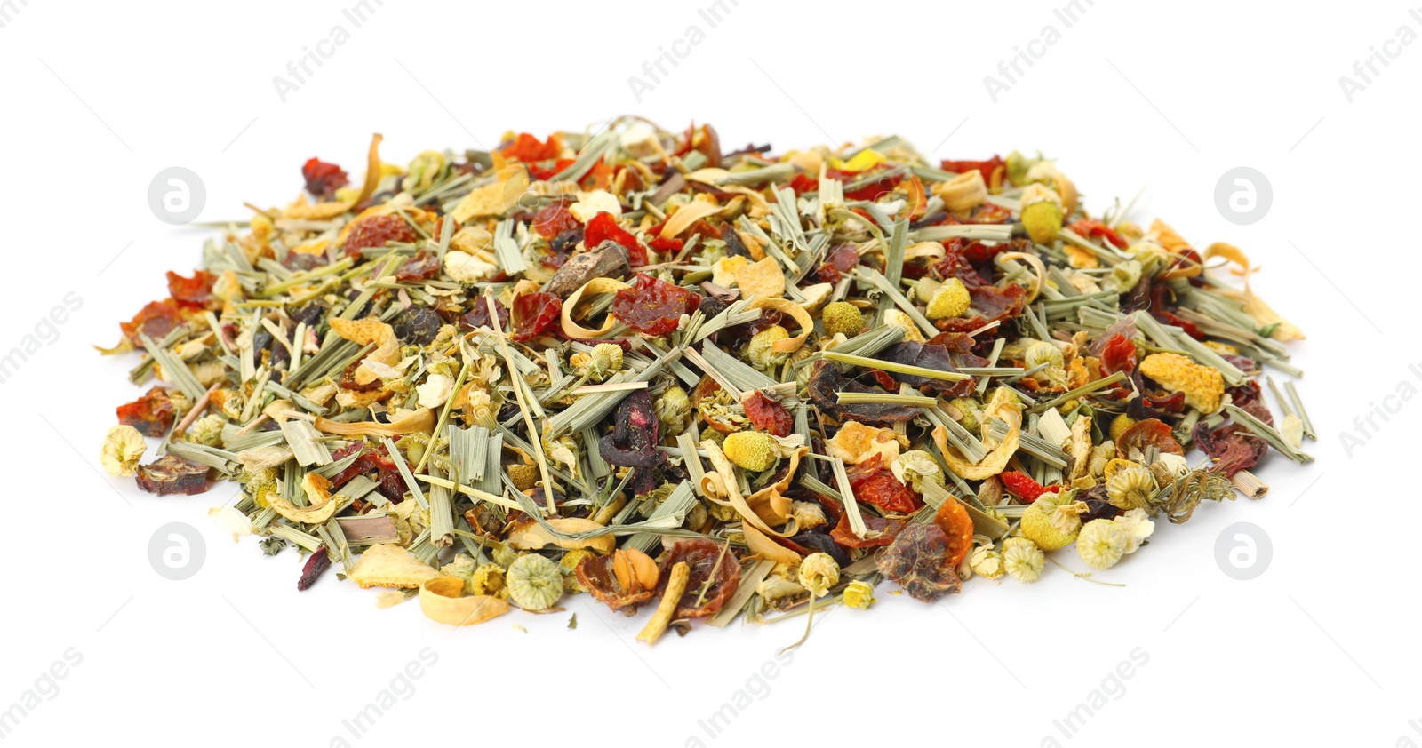 Photo of Pile of aromatic herbal tea isolated on white