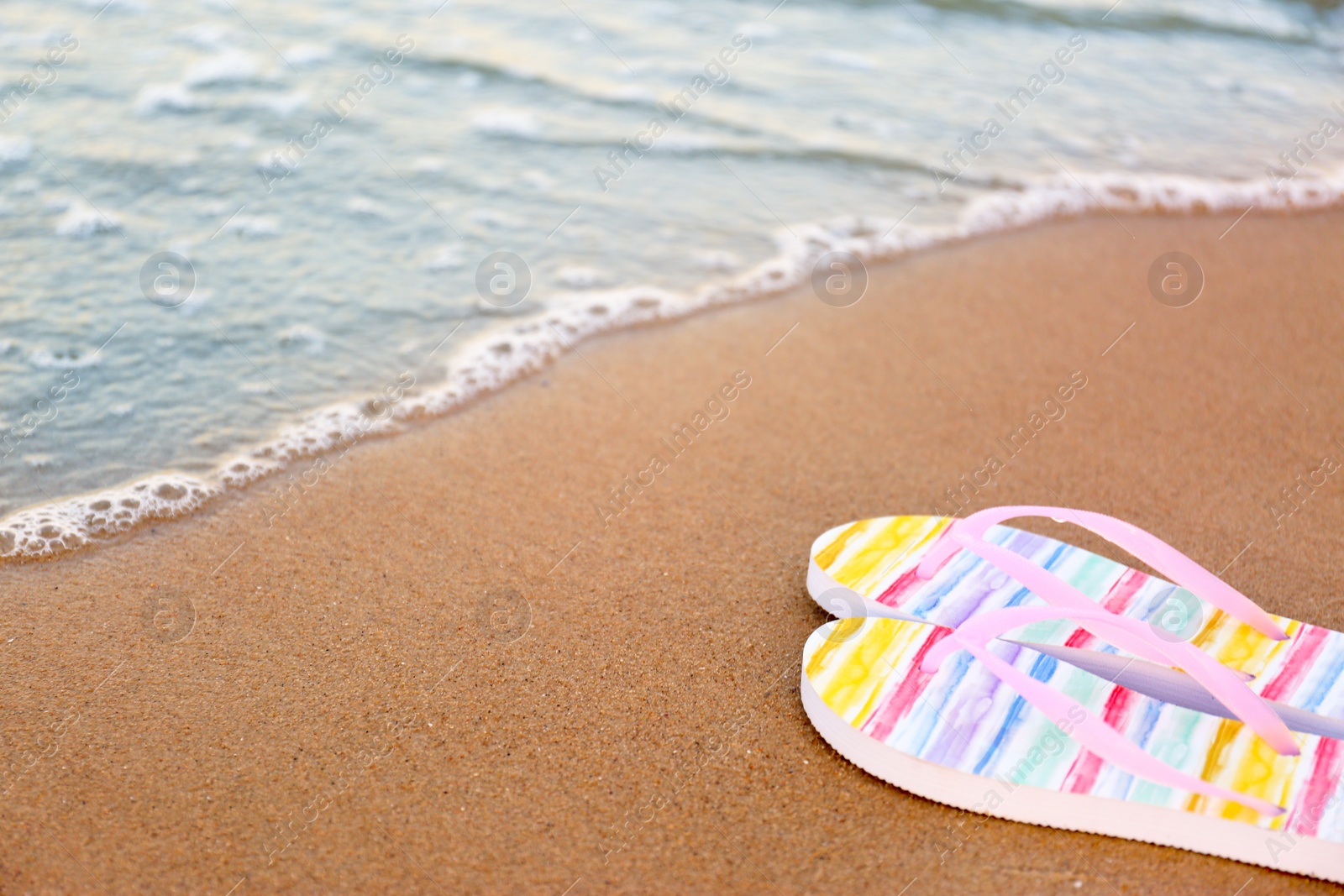 Photo of Stylish flip flops on sand near sea, space for text. Beach accessories