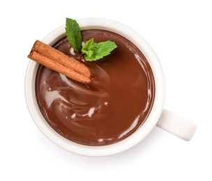 Photo of Cup of delicious hot chocolate with mint and cinnamon stick isolated on white, top view