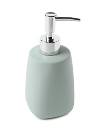 Photo of Bath accessory. Light green liquid soap dispenser isolated on white