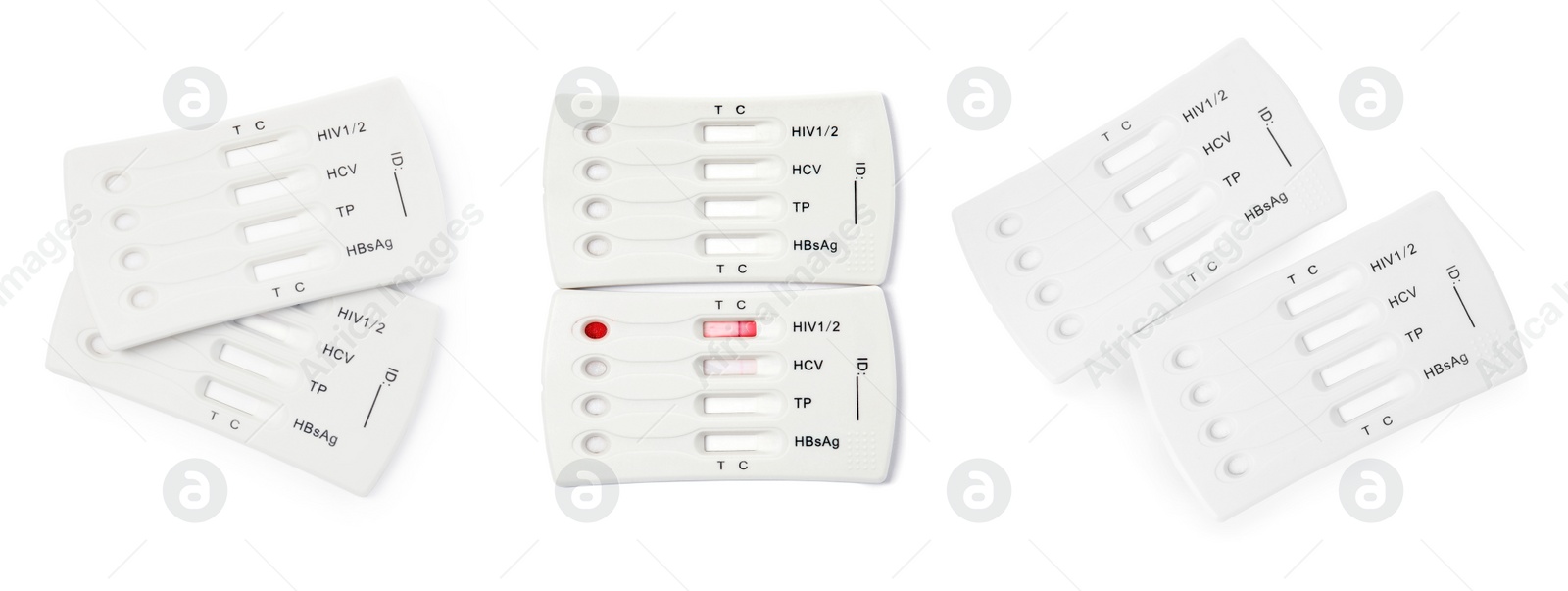 Image of Set with disposable express test for hepatitis on white background, top view. Banner design