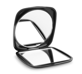 Stylish cosmetic pocket mirror isolated on white