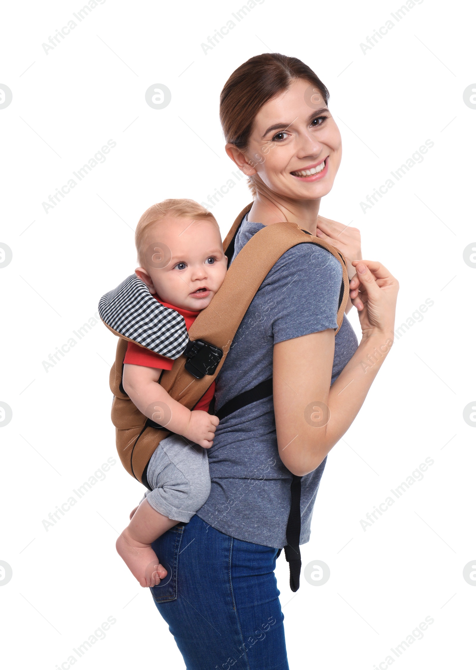 Photo of Woman with her son in baby carrier on white background