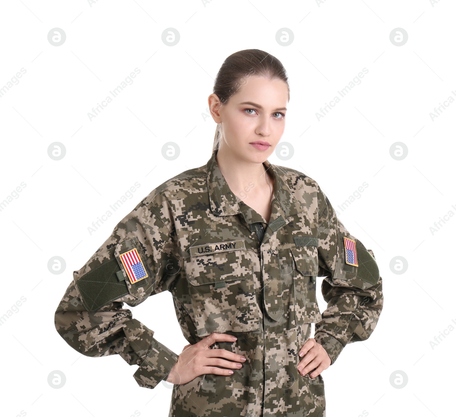 Photo of Female soldier on white background. Military service