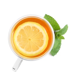 Glass cup with hot tea and lemon on white background, top view