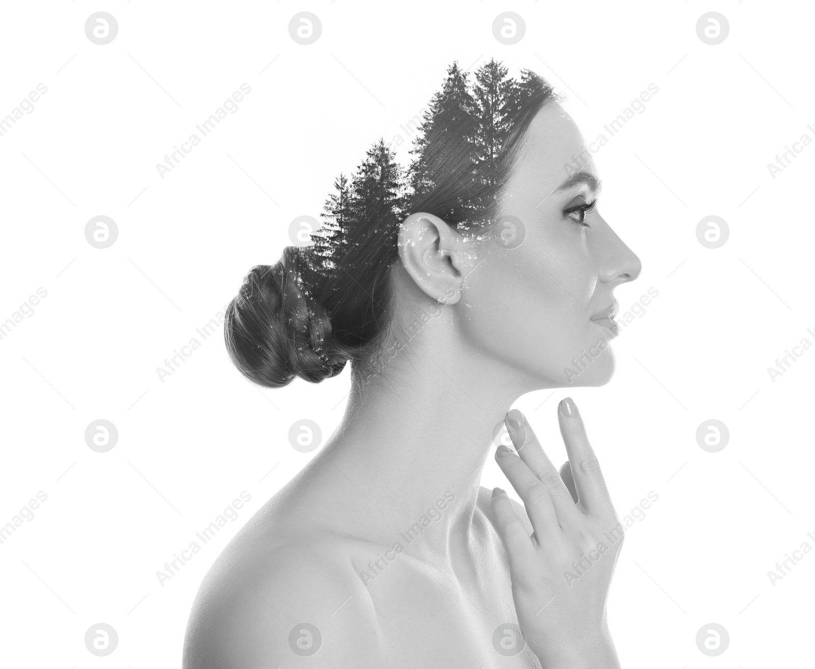 Image of Double exposure of woman and trees on white background, black and white effect