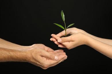 Photo of Woman passing soil with green plant to man on black background. Family concept