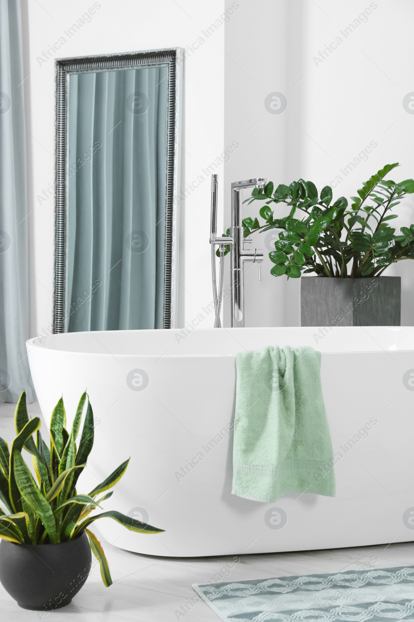 Photo of Stylish white tub and green houseplants in bathroom. Interior design