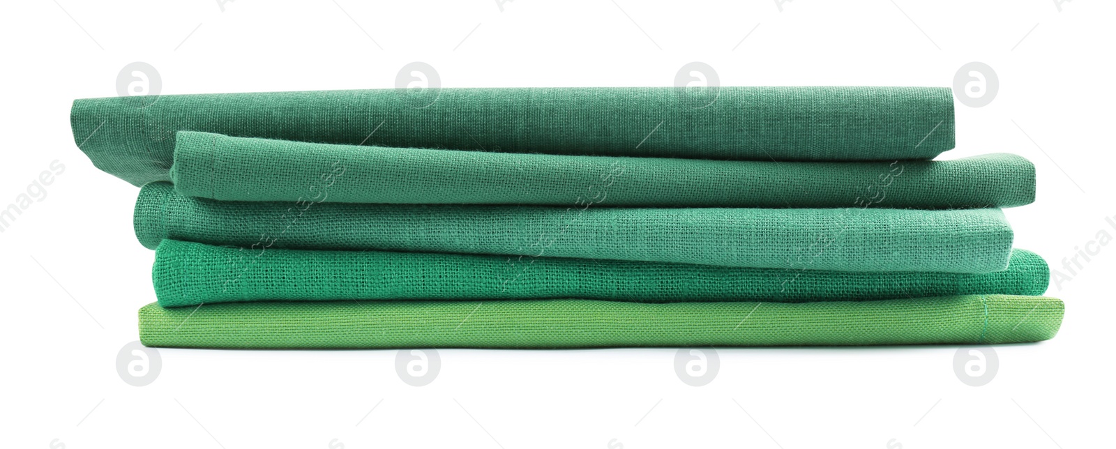 Photo of Stack of fabric napkins for table setting on white background