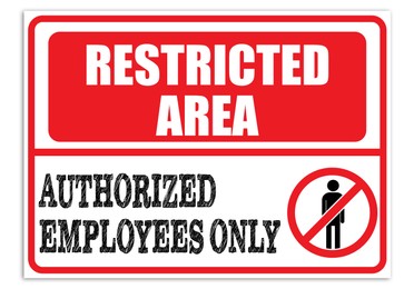 Sign with text Restricted Area Authorized Employees Only on white background