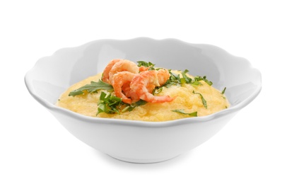 Photo of Plate with fresh tasty shrimp and grits on white background